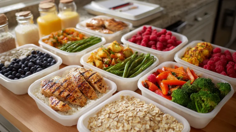 A full WW meal plan for 7 days displayed on a kitchen table with labeled containers
