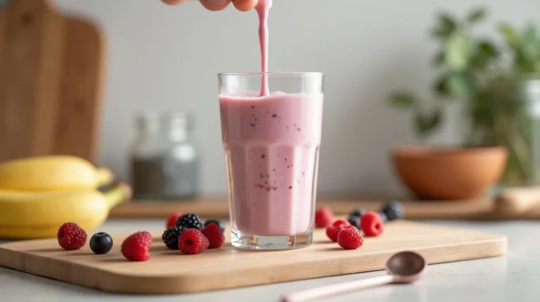 A fresh Activia yogurt smoothie being poured into a glass on a kitchen counter