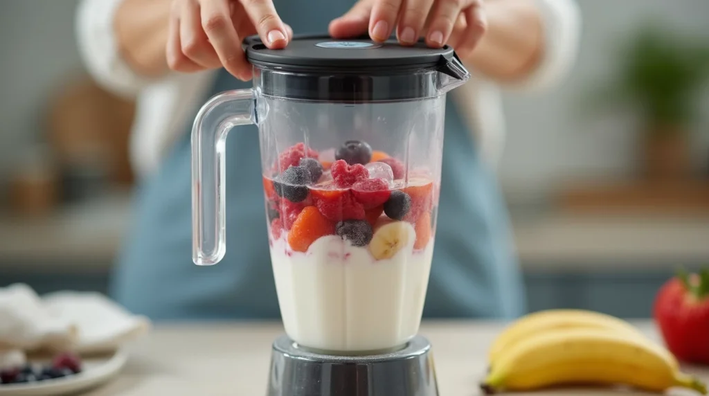 A blender filled with Activia yogurt, banana, and berries on a kitchen counter