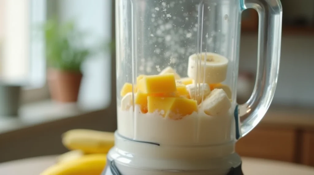 A blender filled with mango, banana, yogurt, and protein powder blending in a typical kitchen with natural lighting.