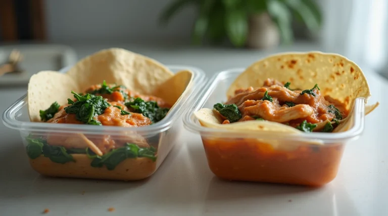 lazy meal prep recipes. Meal prep containers filled with rotisserie chicken wraps and spinach for a quick, no-cook lunch