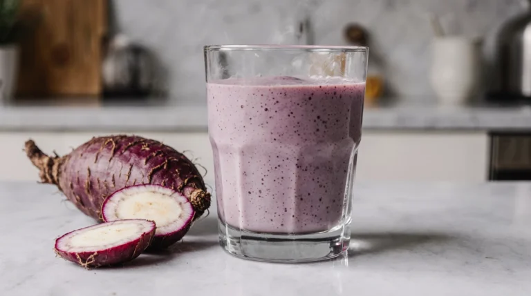 A homemade taro root smoothie in a clear glass beside fresh taro root on a kitchen counter