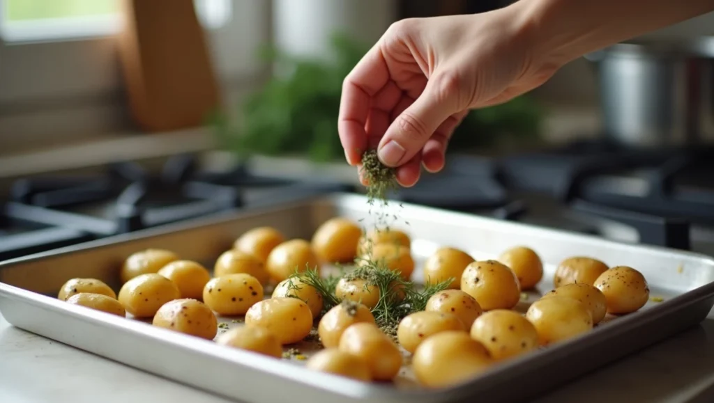 Homemade dill seasoning being sprinkled over a tray of roasted potatoes