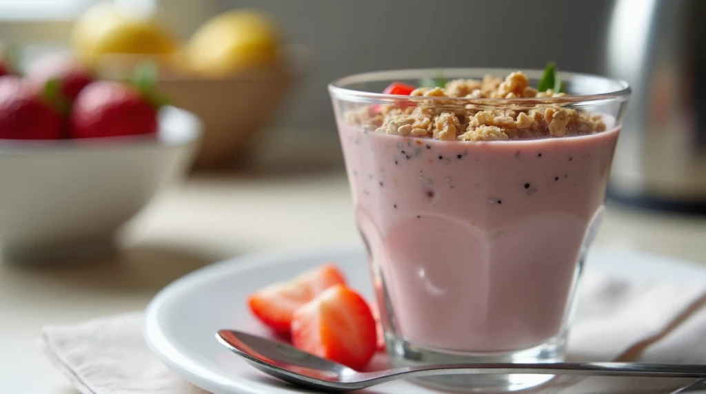 A glass of Activia yogurt smoothie topped with granola and strawberries