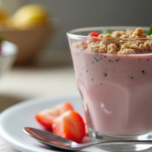 A glass of Activia yogurt smoothie topped with granola and strawberries