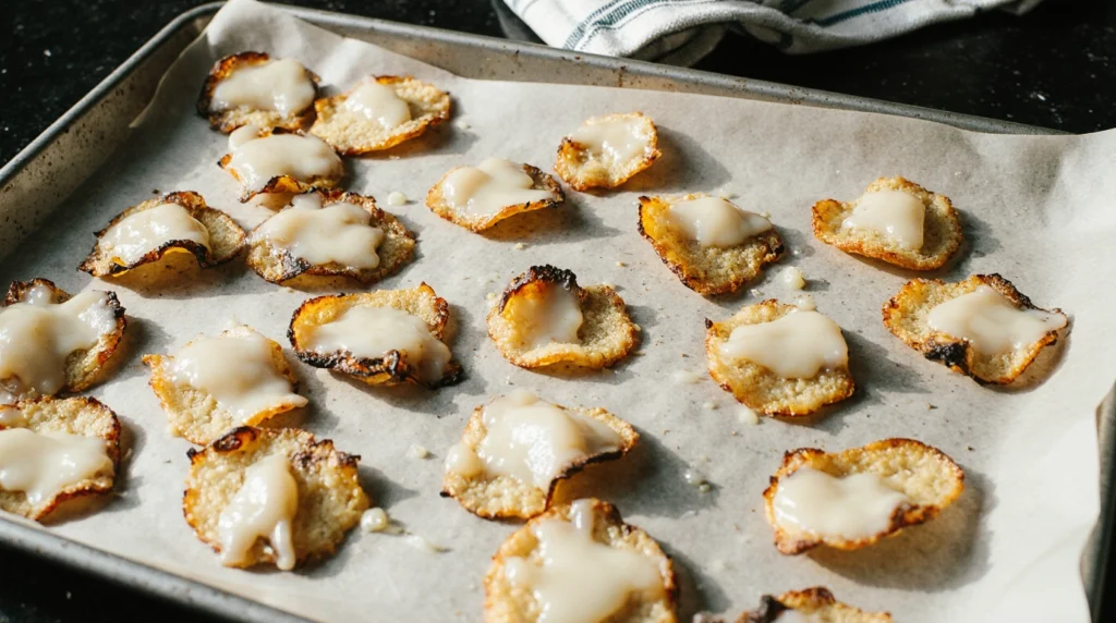 Parmesan truffle chips on a parchment-lined baking sheet