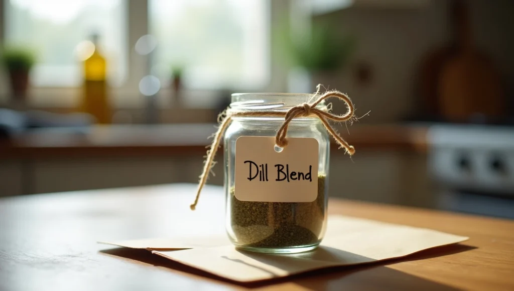 A small gift jar of dill seasoning with a handwritten label and twine