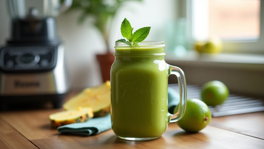 A green smoothie with mint in a mason jar on a kitchen table