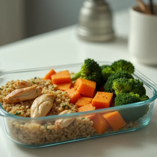 Glass Microwave meal prep container with quinoa, grilled chicken, broccoli, and sweet potatoes on an office desk