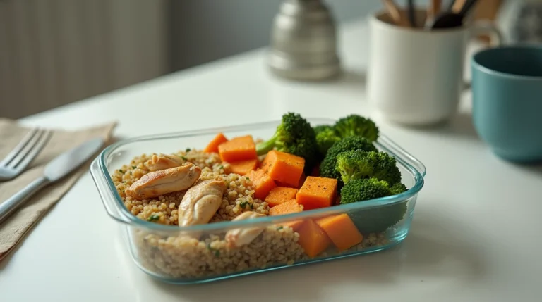 Glass Microwave meal prep container with quinoa, grilled chicken, broccoli, and sweet potatoes on an office desk
