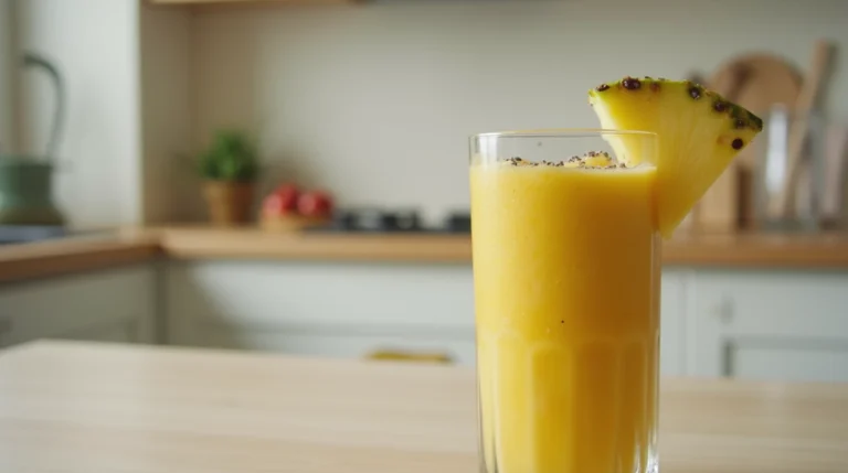 A close-up of a thick Highest Protein Tropical Smoothie in a clear glass, topped with chia seeds and pineapple, set in a bright home kitchen.