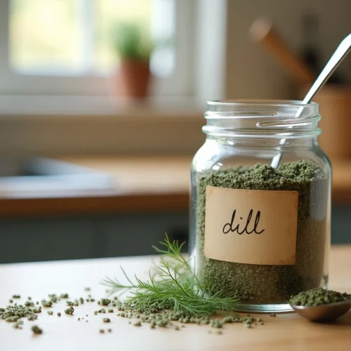A clear glass jar of homemade dill seasoning on a kitchen counter with herbs and a spoon