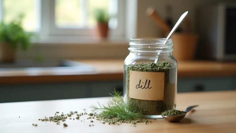 A clear glass jar of homemade dill seasoning on a kitchen counter with herbs and a spoon