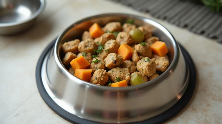 A stainless steel dog bowl filled with fresh Thermomix dog food placed on a kitchen floor beside a water bowl.