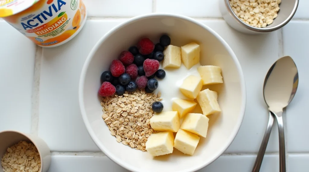 A flat lay of Activia yogurt, banana, berries, and oats in a kitchen