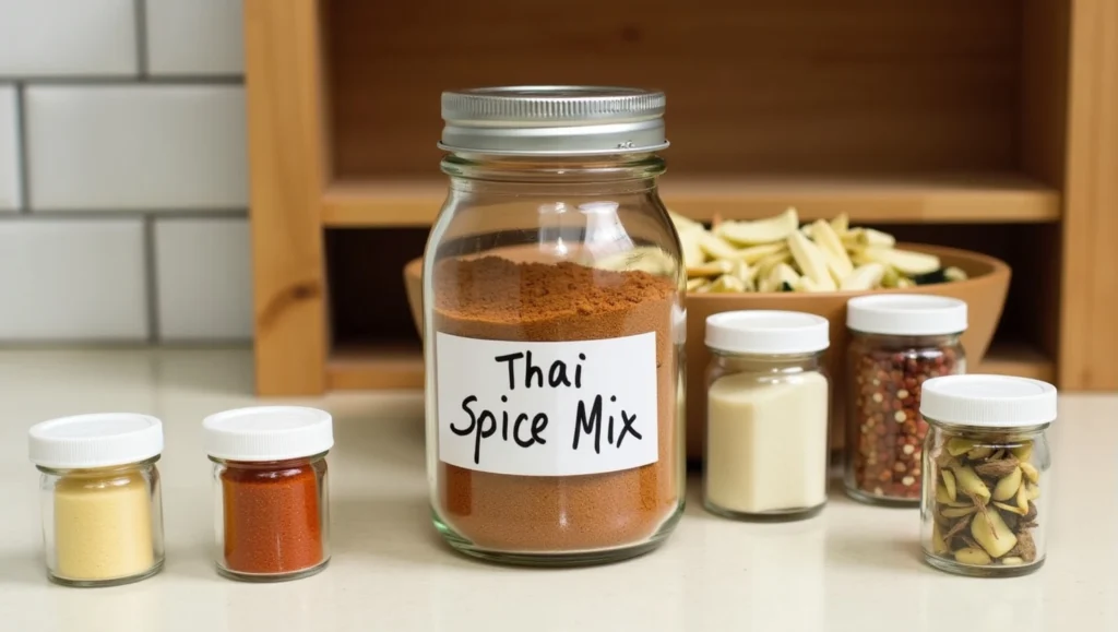 Jar labeled Thai Spice Mix next to dried chili, garlic, lemongrass, and galangal powders