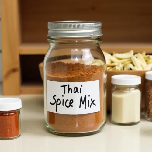 Jar labeled Thai Spice Mix next to dried chili, garlic, lemongrass, and galangal powders
