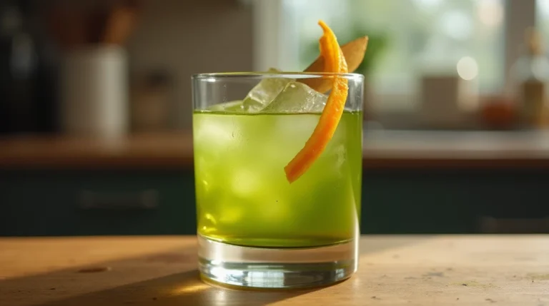 A close-up of a Matcha Old Fashioned Recipe cocktail in a clear glass with orange twist on an ordinary kitchen counter
