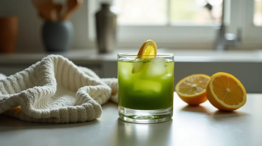 Matcha cocktail with lemon twist next to a folded kitchen towel and shaker