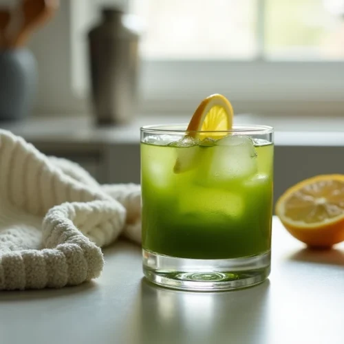 Matcha cocktail with lemon twist next to a folded kitchen towel and shaker