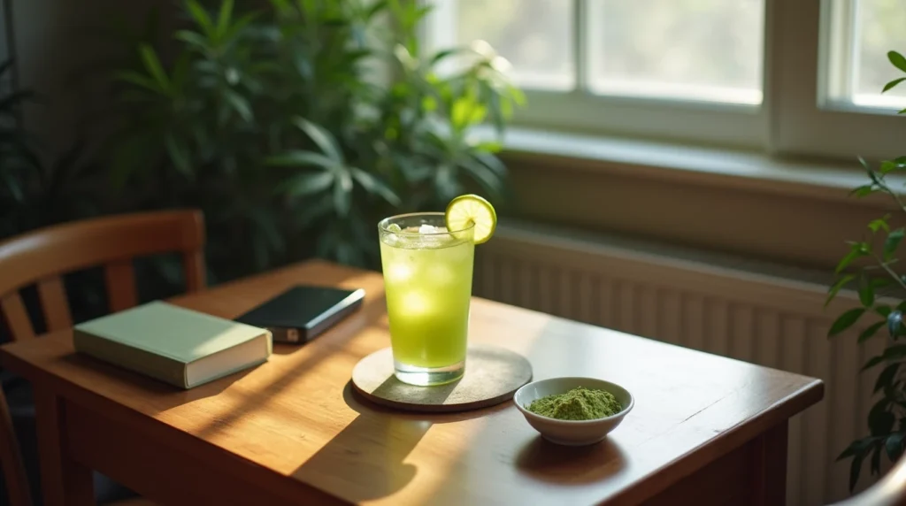 Matcha cocktail on a small dining table with a phone and a book nearby