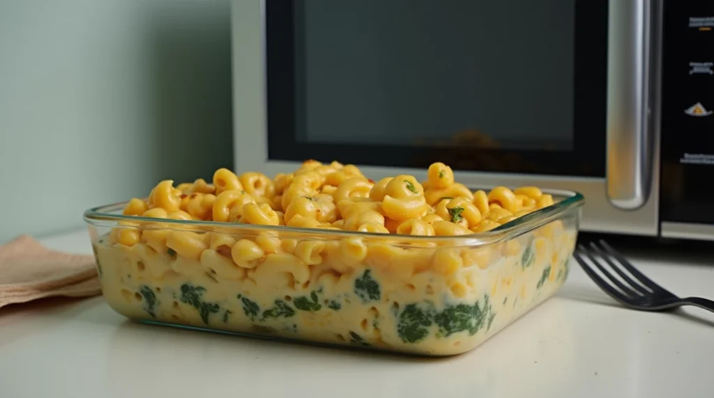 Glass container filled with creamy mac and cheese, spinach, and turkey beside an office microwave