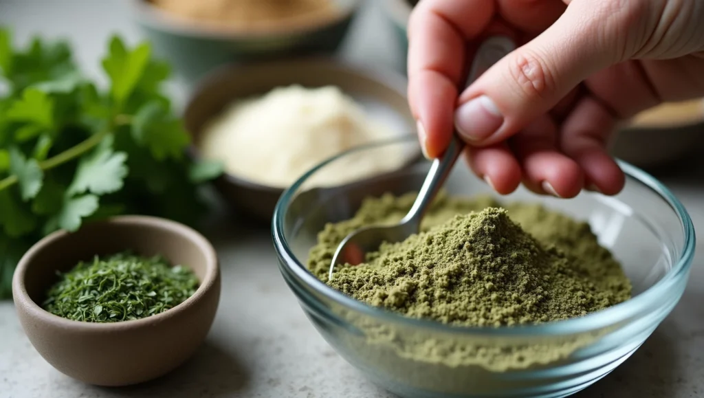 Dried herbs in small bowls being mixed in a glass bowl to make dill seasoning