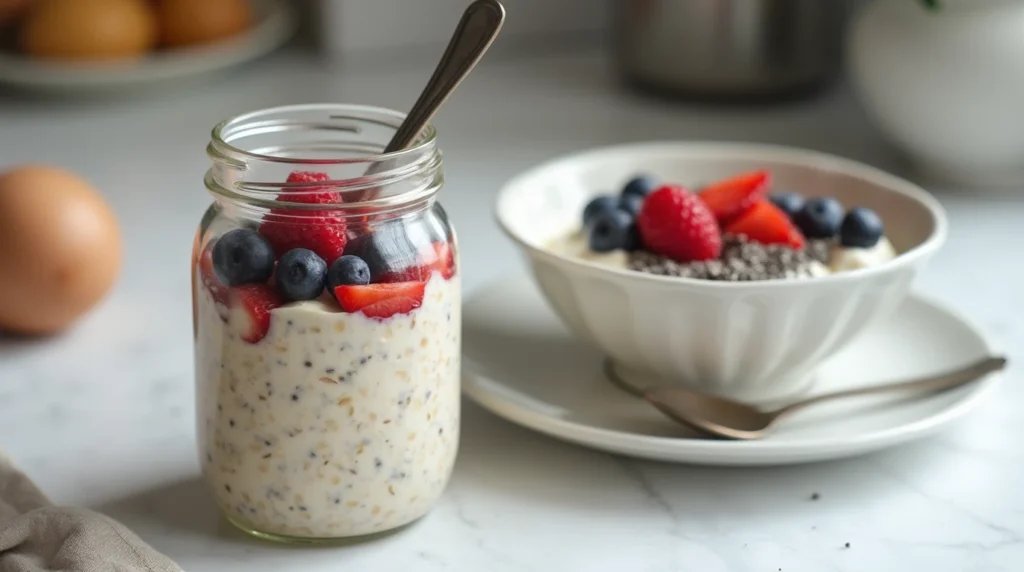 Overnight oats in a jar and Greek yogurt with berries for a fast meal prep breakfast