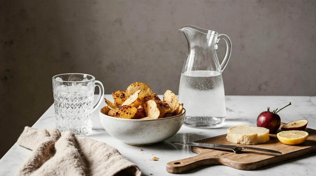 Parmesan truffle chips served with cocktails and snacks