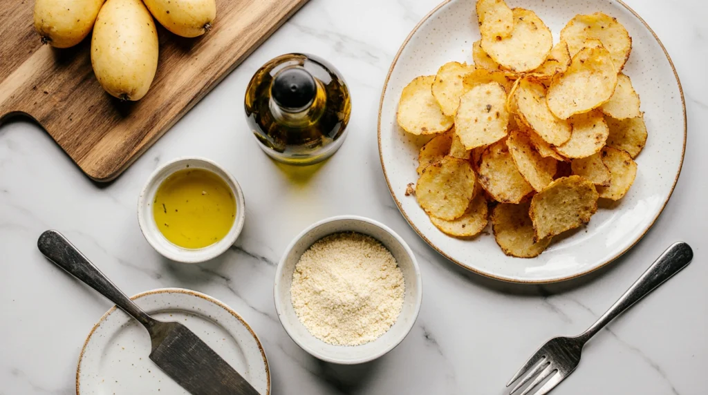 Parmesan truffle chips with truffle oil and Parmesan on kitchen counter