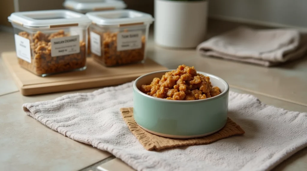 Portioned Thermomix dog food in containers with one serving in a dog bowl on a kitchen floor feeding mat.