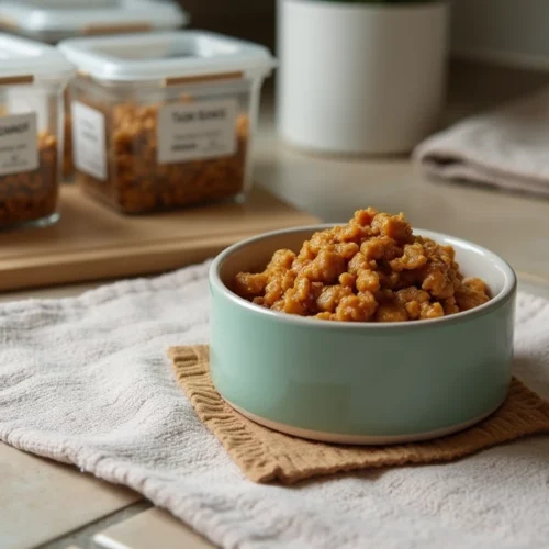 Portioned Thermomix dog food in containers with one serving in a dog bowl on a kitchen floor feeding mat.