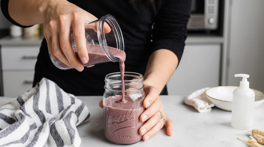Taro root smoothie being poured from a blender into a small glass jar