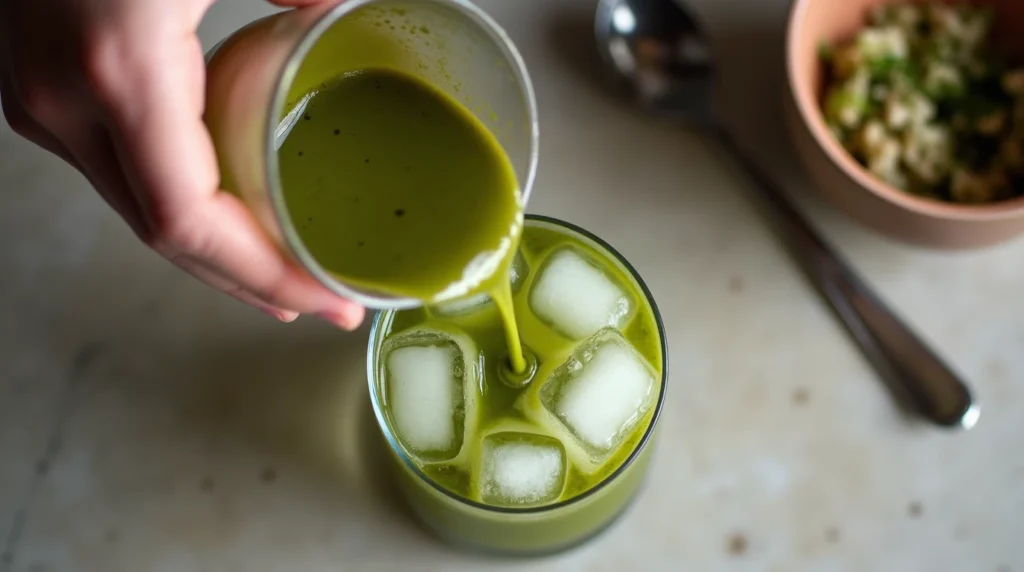 A hand pouring green matcha cocktail into a glass with ice on a kitchen counter