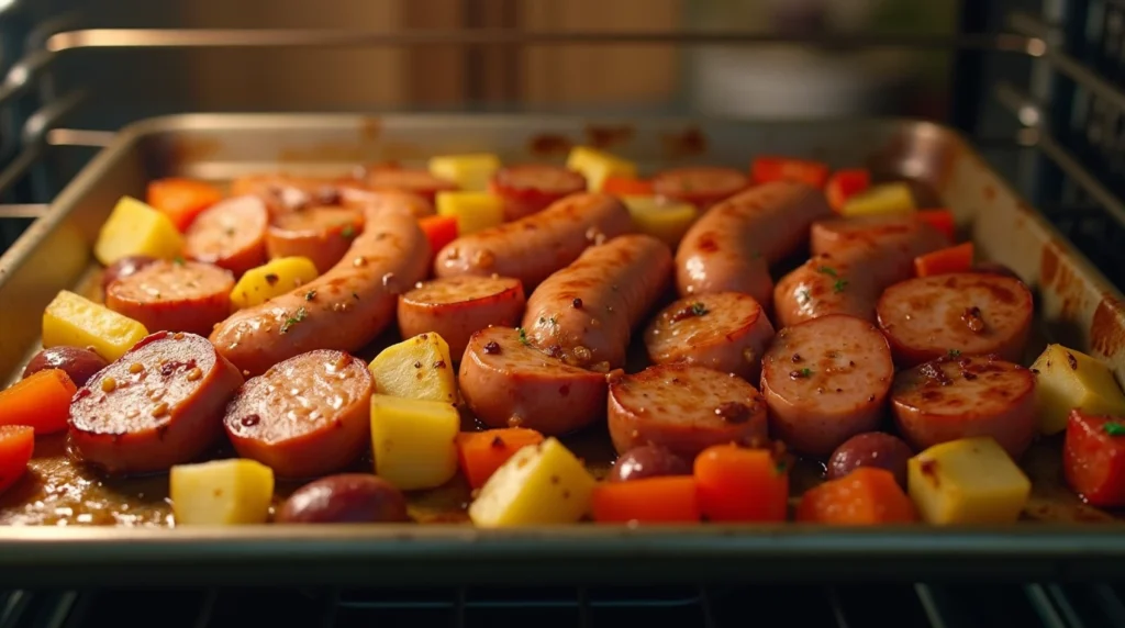Roasted sausage, potatoes, and vegetables in a baking tray for easy sheet pan meal prep