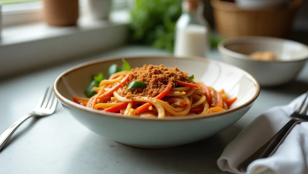 Thai stir-fry dish in a bowl sprinkled with homemade Thai spice mix, on a plain kitchen counter
