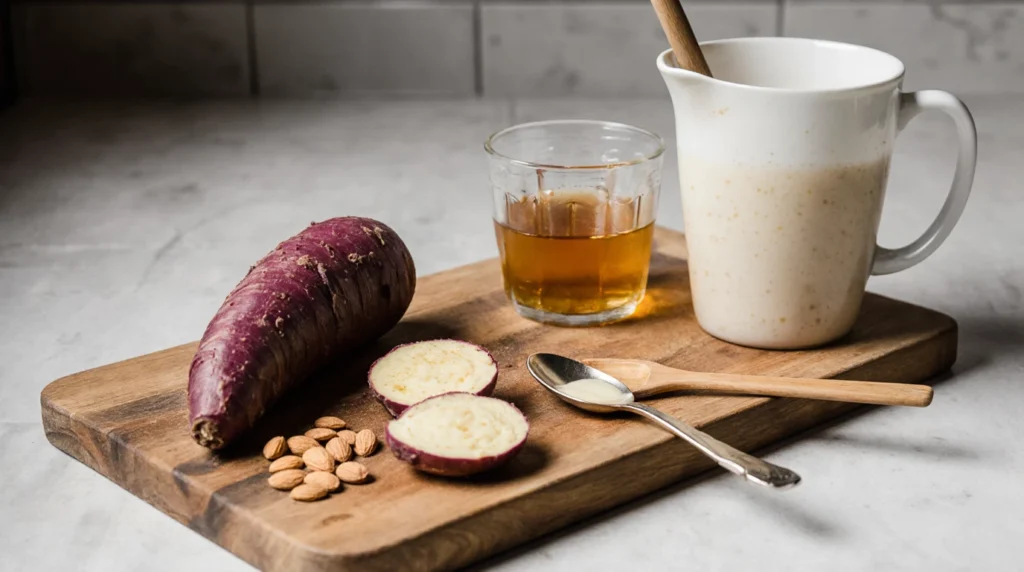 Raw taro root, almond milk, and honey on a wooden cutting board for a smoothie