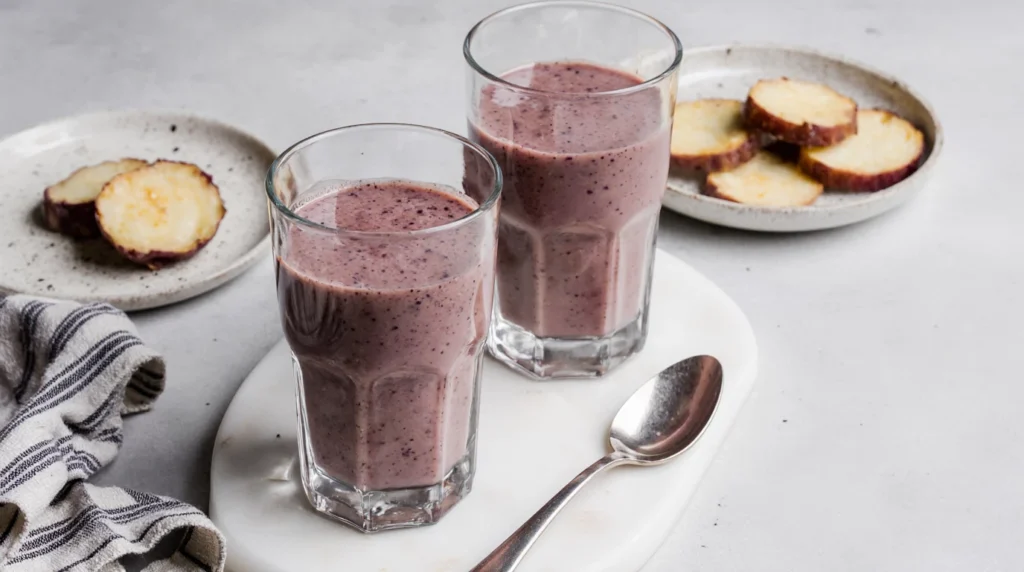 Taro root smoothie in two glasses on a kitchen table with a plate of sliced taro