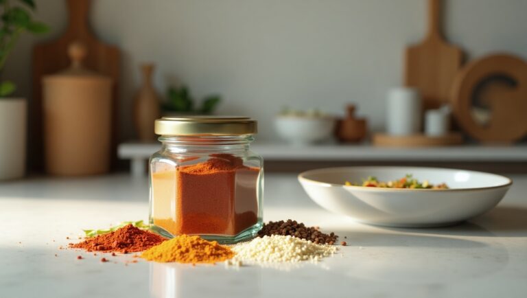 Homemade Thai spice mix in a glass jar surrounded by dried chili, lemongrass, and galangal on a white plate