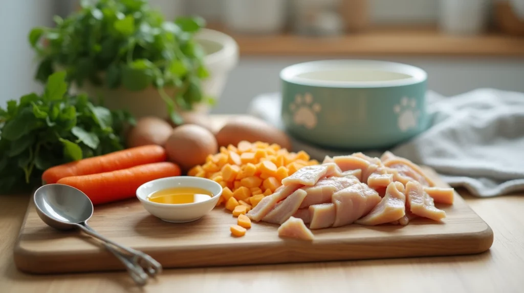 Dog food ingredients including chicken, sweet potatoes, and spinach laid out on a counter near a ceramic dog bowl.