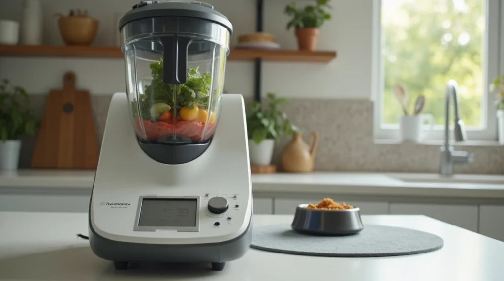 A Thermomix machine blending dog food with a nearby bowl ready for serving in a typical kitchen setting.