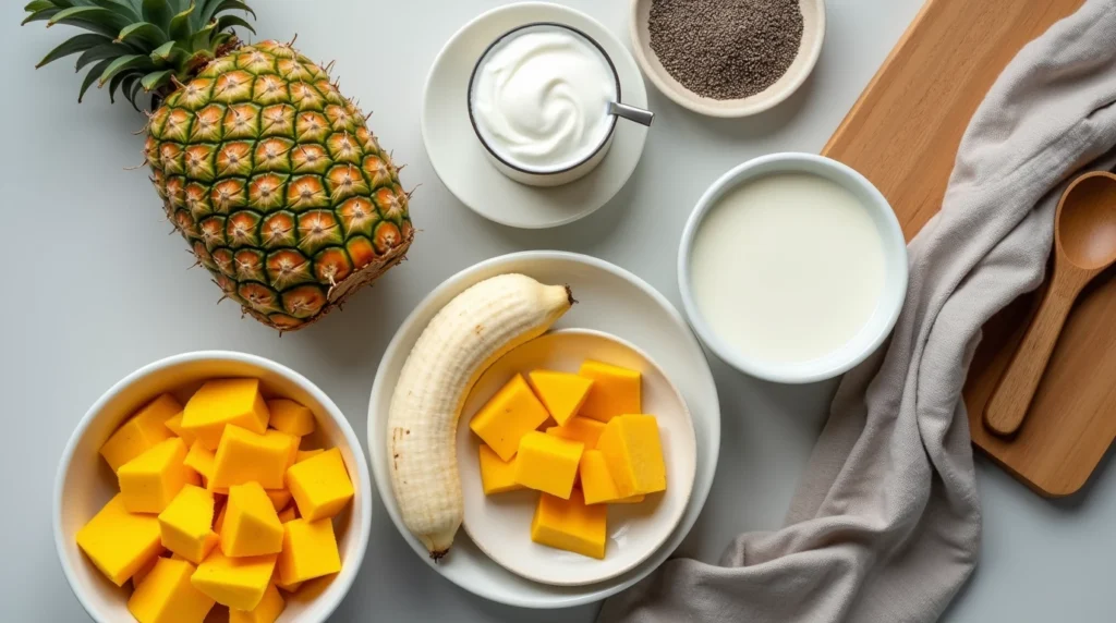 Flat lay of tropical smoothie ingredients including mango, banana, Greek yogurt, and protein powder on a kitchen counter.