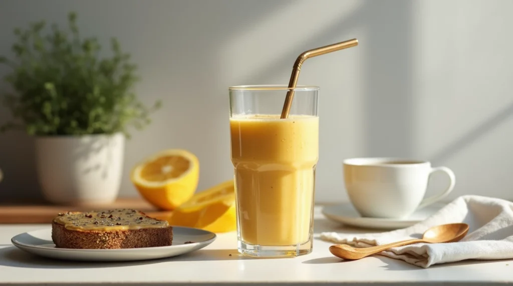A tropical smoothie paired with almond butter toast and chia seeds on a kitchen table in natural daylight.