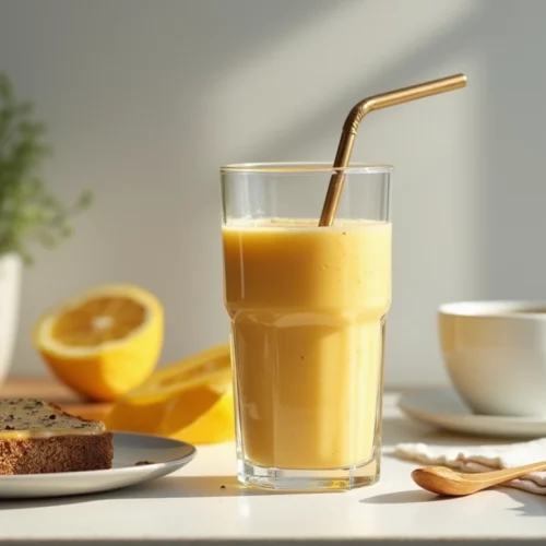 A tropical smoothie paired with almond butter toast and chia seeds on a kitchen table in natural daylight.