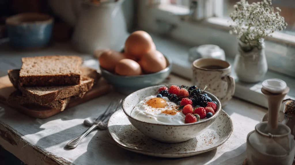Healthy Weight Watchers breakfast with yogurt, berries, and toast on a kitchen table
