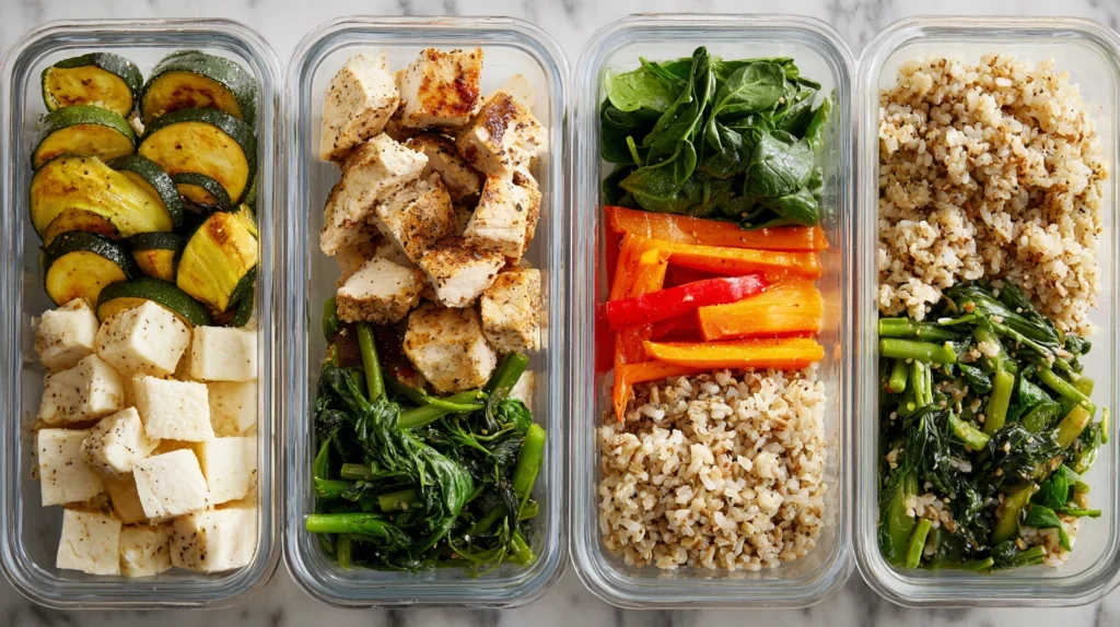 Meal prep containers with Weight Watchers lunches including chicken, vegetables, and grains