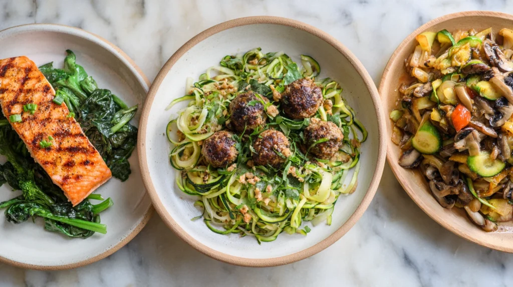 Three WW dinner plates with salmon, stir-fry, and turkey meatballs