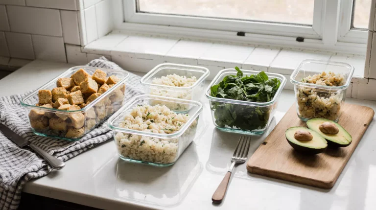 Low carb vegetarian meal prep bowls with tofu, spinach, and avocado on a real home kitchen counter.