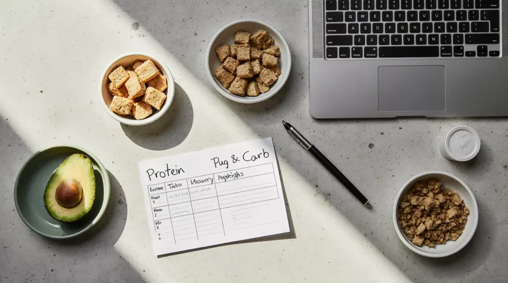 Macro tracking note and small bowls of tofu, tempeh, and avocado on a kitchen counter.
