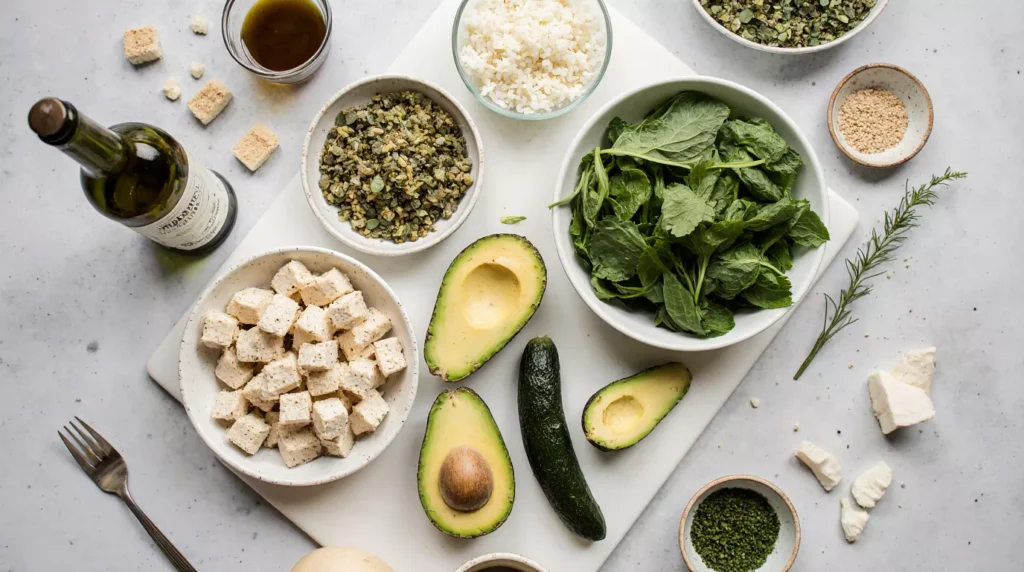 Ingredients for vegetarian low carb meal prep on a cutting board with tofu, tempeh, and avocado.